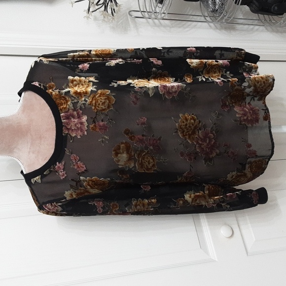 A New Day, Size L Sheer Black Velvet Floral Blouse, EUC - Picture 1 of 9